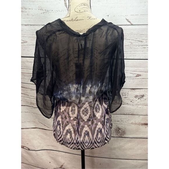 LANGUAGE‎ XS Sheer Top Blouse Kimono Sleeve Tie Dye Black Patterned - Picture 2 of 4